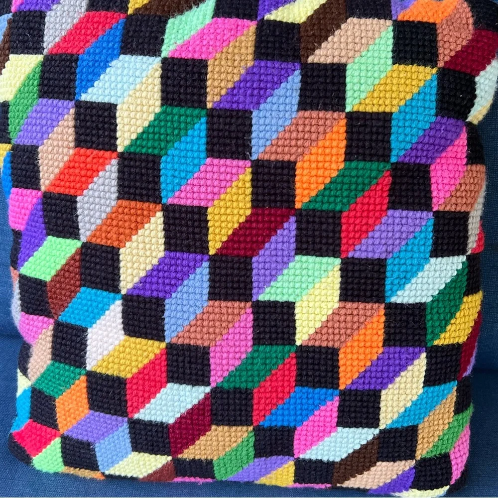 Vintage Rainbow Knit Geometric Patterned Black Velvet-Backed Throw Pillow